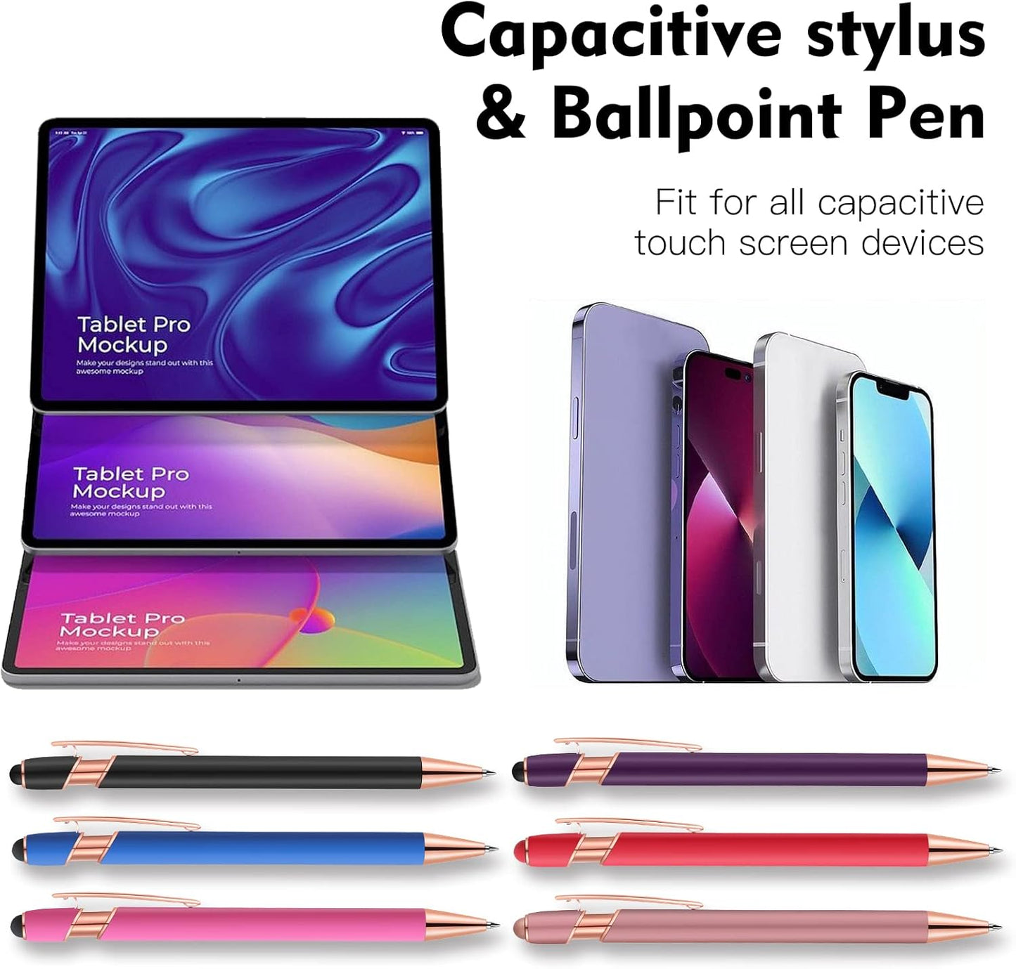 12 PCS 2 in 1 Stylus Ballpoint Pen with Stylus Tip, 1.0 mm Black Ink Metal Pen Stylus Pen for Touch Screens (Rose glod & 6 Colors)