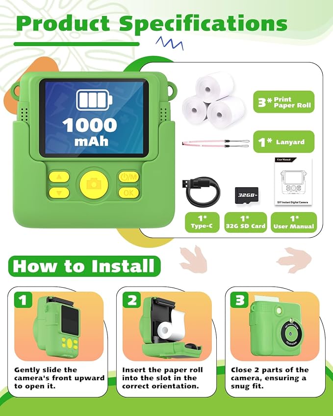 Kids Camera Instant Print, Dinosaur Toys for Boys 3 4 5 6 7 8 9 10 Years Old, 1080P Kids Digital Camera for Toddlers, Christmas Birthday Gifts for Boys Girls 3-12, 32GB SD Card, Green