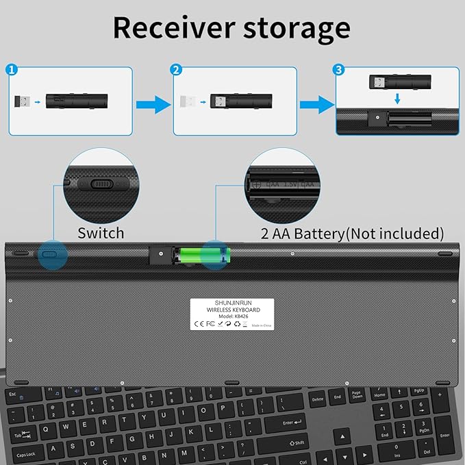 2.4G Wireless Slim Silent Full-Size Keyboard with Numeric Keypad, Calculator Button, USB Receiver, Fn Lock, Ultra-Thin Scissor Switch Design, Computer Keyboard for Laptop PC Windows Mac