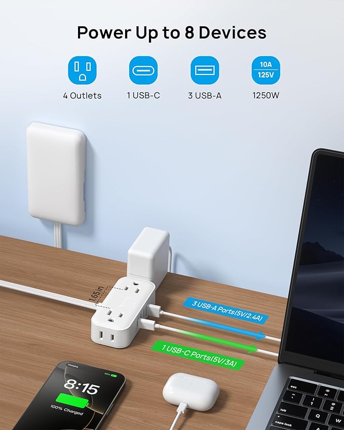 TROND Flat Plug Power Strip with Outlet Cover - 5ft Flat Extension Cord Outlet Extender Concealer with 4 AC 4 USB Ports, Fit Standard Size Wall Plate for Kitchen Home Office to Hide Messy, White