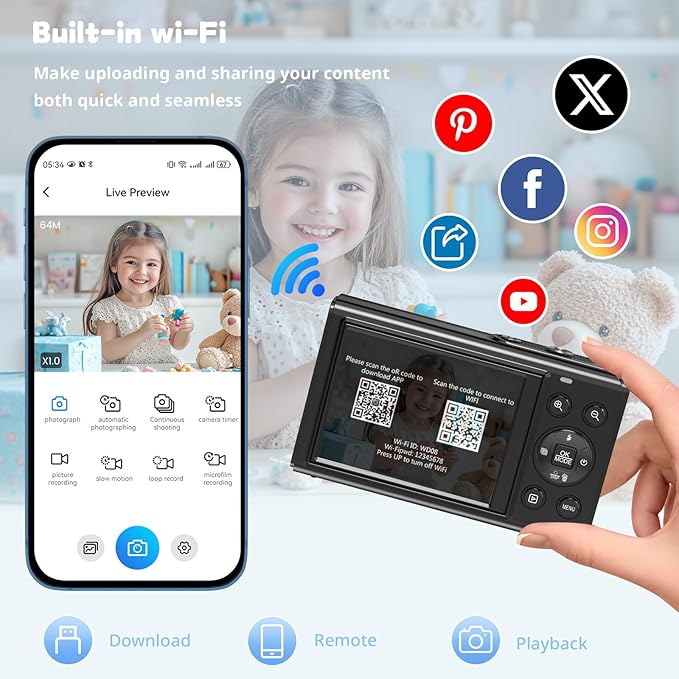Dual Screen 5K Digital Camera for Vlogging with Fill Light - 80MP, 16X Zoom, WiFi, YouTube/Blogging, Includes 32GB Card & 2 Batteries (X9-Black)
