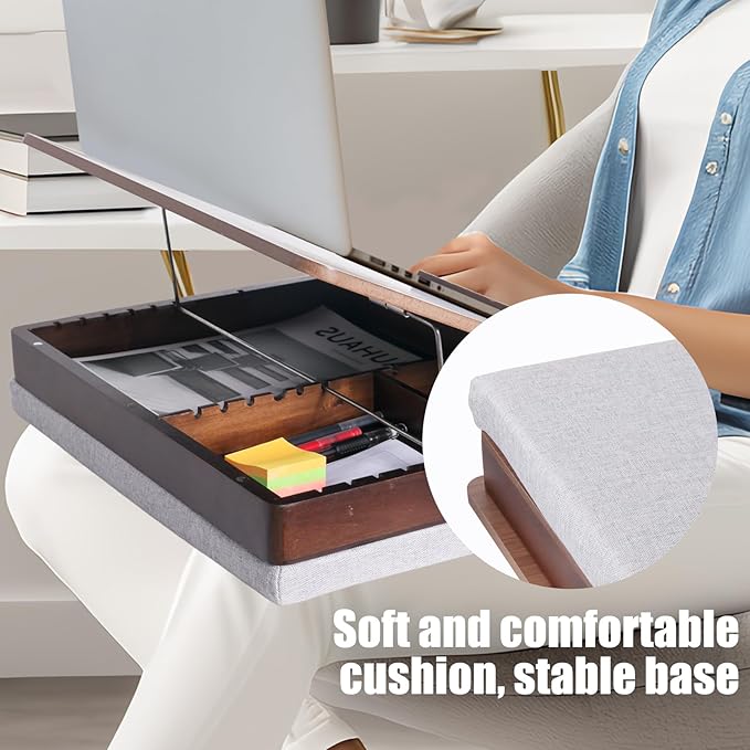 Acacia Wood Easel Lap Desk for Adults, Foldable, Fits up to 17.3 Inch Laptop with Storage and Cushion, Height Adjustable Laptop Pad for Writing, Drawing, and More