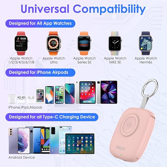 Small Portable Charger 5000mAh,iWatch Wireless Charger Mini Power Bank with Built-in Cable,Travel Keychain Charger for Apple Watch 10/9/Ultra2/8/Ultra/7/6/Se/5/4,iPhone 17/16/15/14/13/12,Android Phone