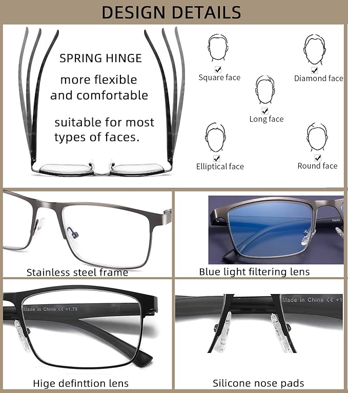 4-Pack Mens Reading Glasses Blue Light Blocking,Spring Hinge Stylish Metal Full Frame Readers for Men Anti Glare Filter Eyeglasses +4.0