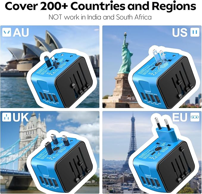 International Travel Adapter Universal Power Adapter Worldwide All in One 4 USB-A Ports Perfect for European US, EU, UK, AU 200+ Countries (Blue)