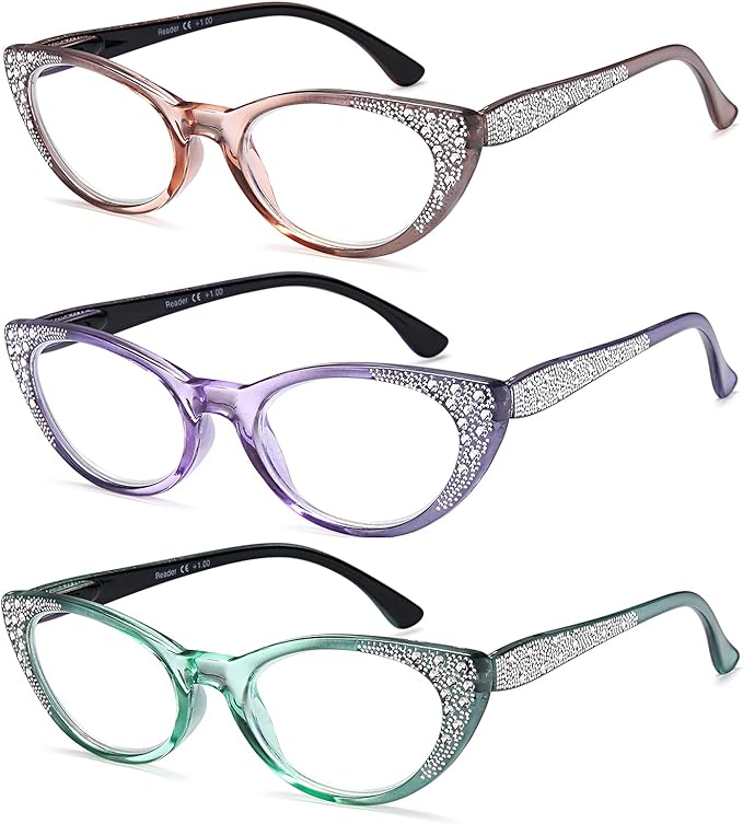 EYEURL Cat Eye Reading Glasses for Women Blue Light Blocking 3 Pack Computer Readers 1.25 Spring Hinge Anti UV Fashion Lightweight Frames Eyeglasses