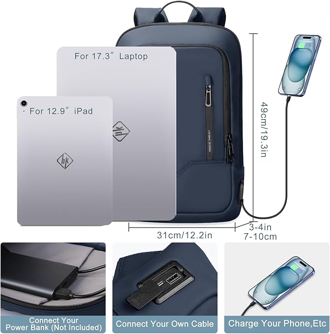 hk Backpack for Men Business Slim Backpack with USB Charger Computer Lightweight Anti-theft Travel (Dark Blue, 17.3 Inch)