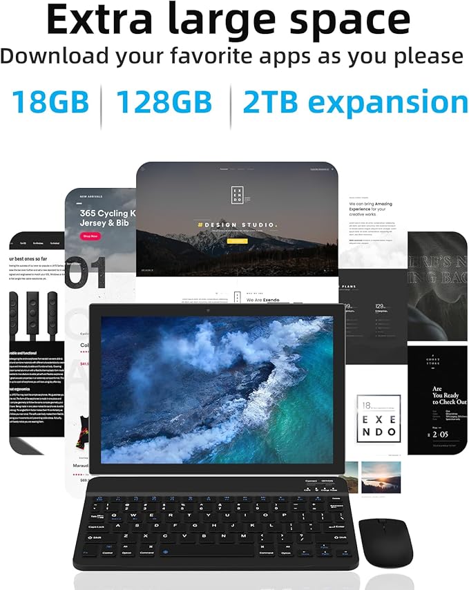 Android 15.0 10Inches Tablet, 18GB RAM+128GB ROM+2TB Expandable, Tab Set with Keyboard/Case/Mouse/Stylus, 2.0GHz Quad-core Processor, 1280 * 800 IPS HDScreen, 5G WiFi6 BT 5.0 (Black)