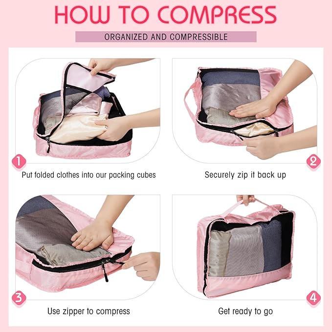 5 Pcs Packing Cubes for Suitcase Large Travel Cubes Carry on Luggage Organizer Bags for Clothes Accessories(L,Pink)