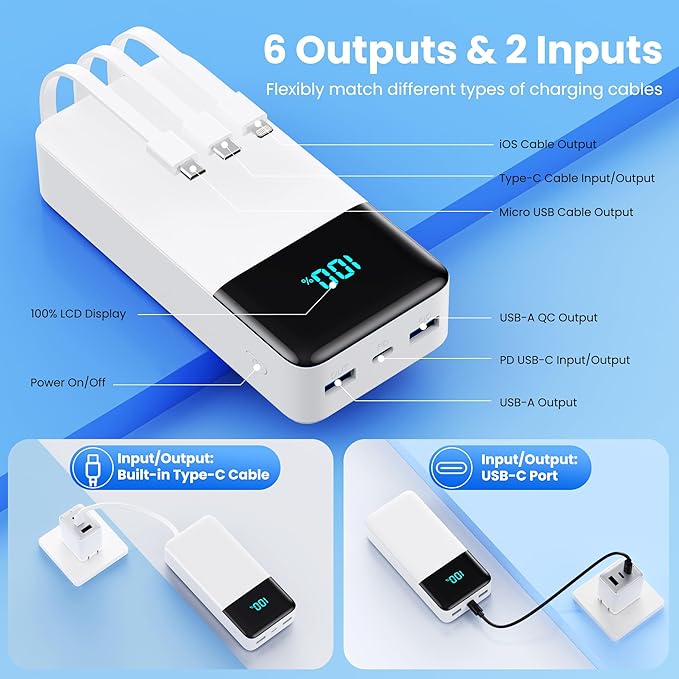 Portable Charger 50800mAh Power Bank with 3 Built in Cable,25W PD QC4.0 Fast Charging USB C Battery Pack,6 Output 2 Input LCD Display Portable Phone Charger for iPhone 16/15/14,Google,Android, White