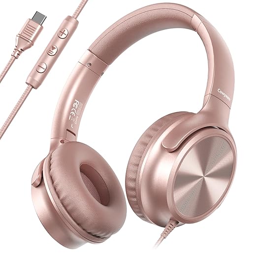 USB C Headphones Wired, Over Ear USB C Wired Headphones with Microphone, Volume Control, HD Stereo Sound, Foldable USB Type C Headphones for Adult/Teens/Chromebook/Laptop/Computer/iPhone,Rose