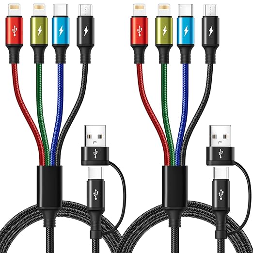6 in 1 Multiple Charging Cable, 2Pack 6Ft Multi Chargers Cord for All Devices Braided USB A/C to Lightning/Type C/Micro USB Ports Universal Charger Cable for iPhone Series/Samsung/Tablets/PS and More