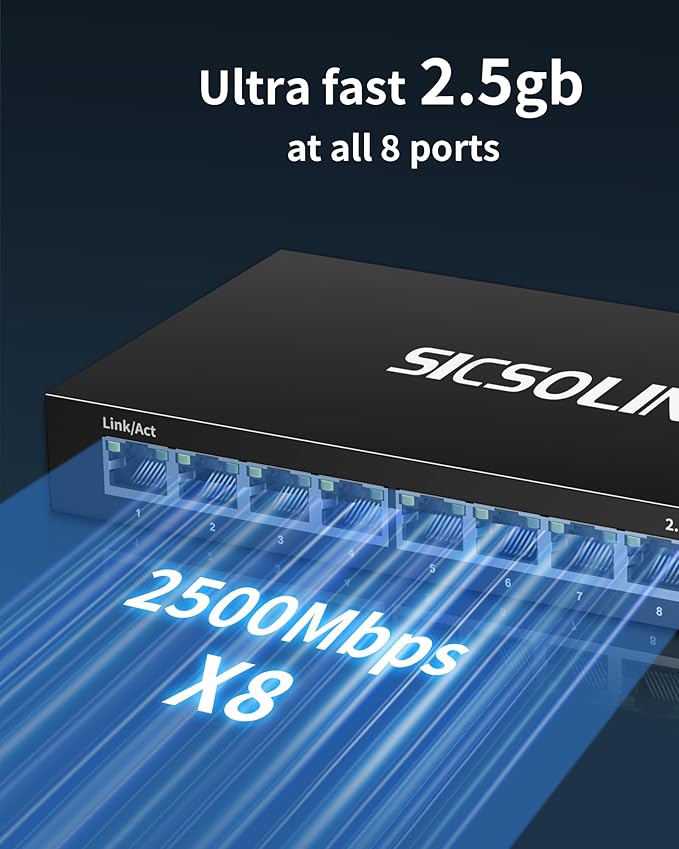 2.5Gb Switch, 8*2.5g Base-T Port Network Switch 2.5 Gigabit, Unmanaged Ethernet Switch for Gaming PC, NAS, 60Gbps Capacity, Fanless Silent, Desktop& Wall Mount. (8 Port 2.5gb Switch)