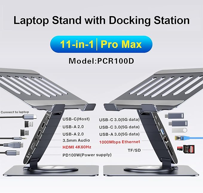 Laptop Docking Station for MacBook Pro/Air/Dell/HP/Surface HC 11-in-1 USB C Hub 360°Rotatable Laptop Stand with USB Hub 4K HDMI USB 3.0 PD100W 3.5mm Audio Jack RJ 45 TF/SD Reader Universal Laptop Dock