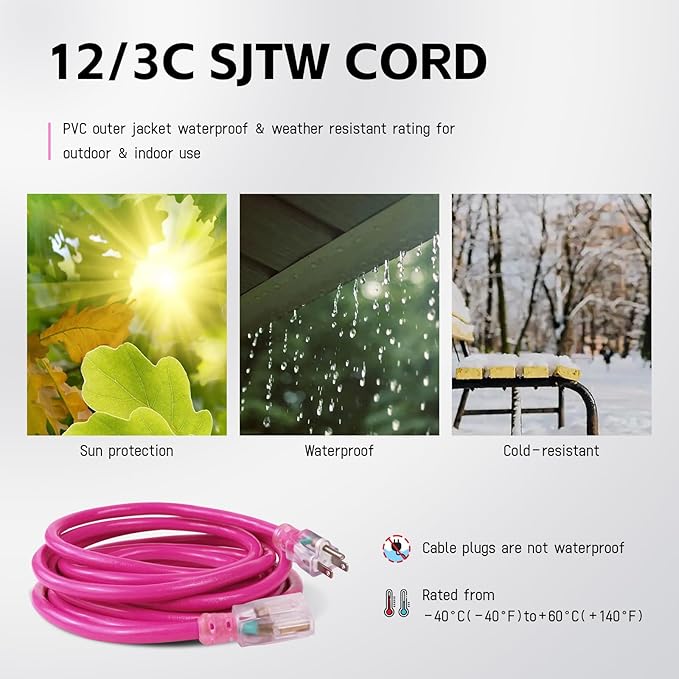 EP 15 Ft Outdoor Extension Cord, 12/3 SJTW Heavy Duty Waterproof Power Cable, 3 Prong Grounded Plug, Lighted End, for Lawn, Garden, Appliances, Pink