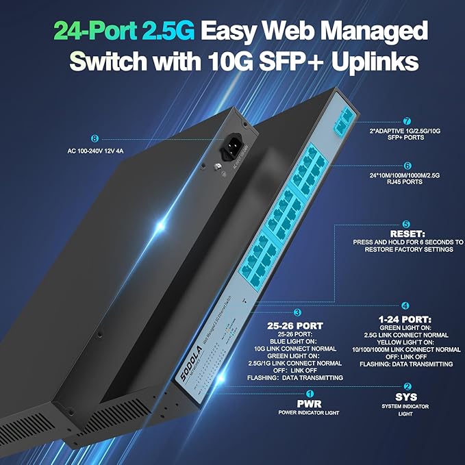 24 Port 2.5G Smart Web Managed Switch,24 x 2.5G Base-T Ports, 2 x 10G SFP+, Link Aggregation/QoS/VLAN/IGMP, 1U Mounted Multi-Gigabit Network Switch