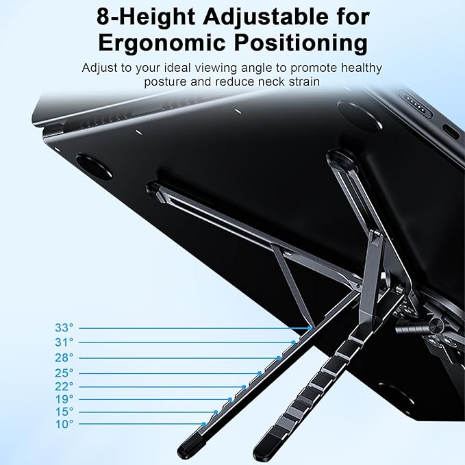 Foldable Laptop Stand for Desk, All-in-One Portable Holder for Laptop, Phone & Tablet with Magnetic Mount - 8-Angle Adjustable Aluminum with Non-Slip Base for 10-15.6" Laptops