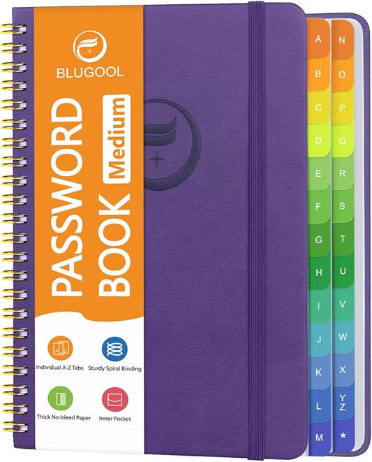 Password Book with Alphabetical Tabs, Password Keeper Book for Seniors, Individual & Colorful Tabs, Spiral Hardcover Password Notebook for Website Logins, 5.7" x 7.7", Purple