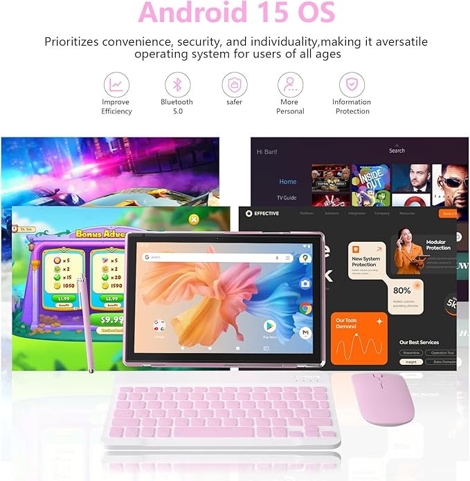 Android 15.0 10Inches Tablet, 18GB RAM+128GB ROM+2TB Expandable, Tab Set with Keyboard/Case/Mouse/Stylus, 2.0GHz Quad-core Processor, 1280 * 800 IPS HDScreen, 5G WiFi6 BT 5.0 (Pink)