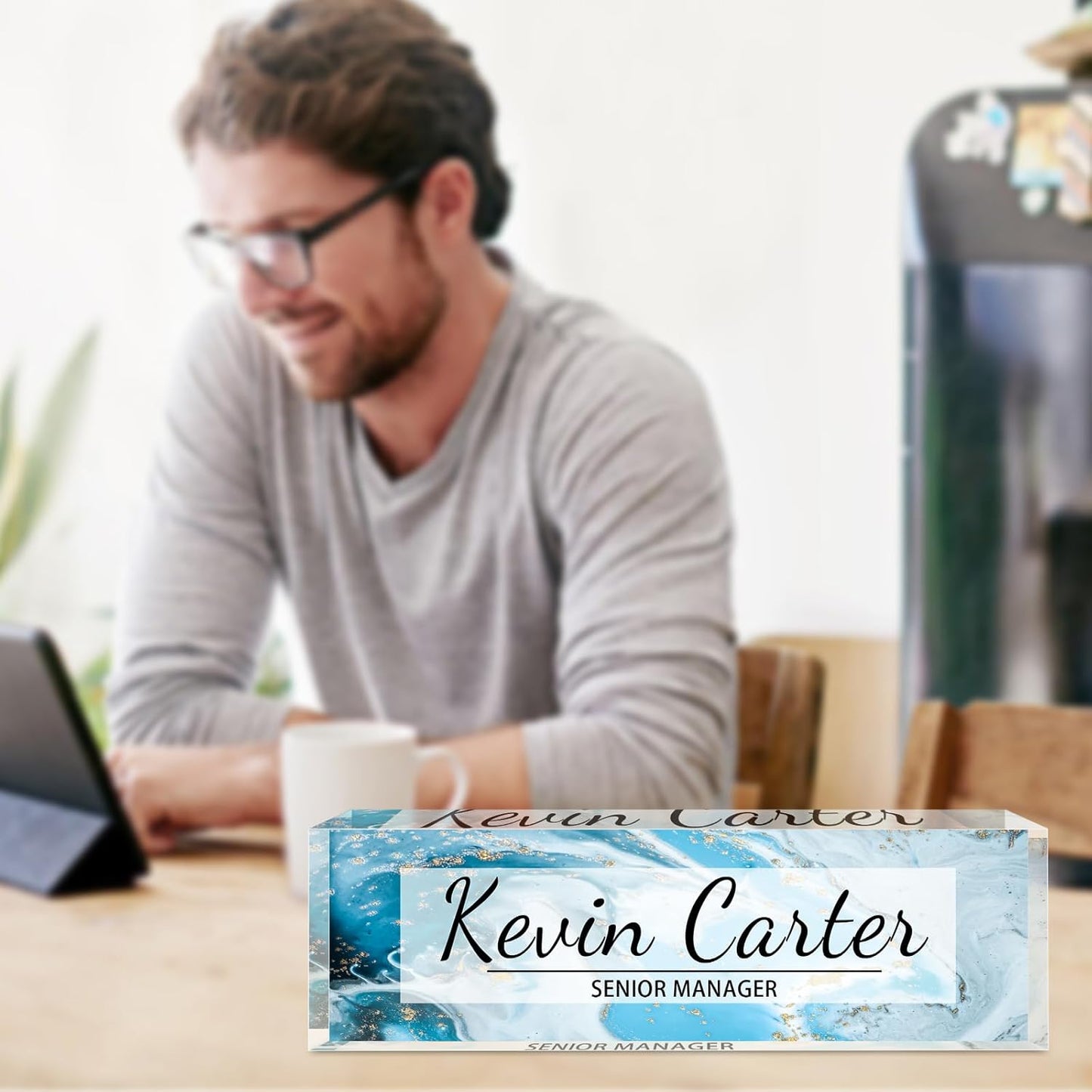 Name Plate for Desk Personalized, Acrylic Desk Decorations, Employee Appreciation Gifts, Custom Office Gifts for Coworkers, Boss, Teacher, Nurse (Blue Gold Marble)