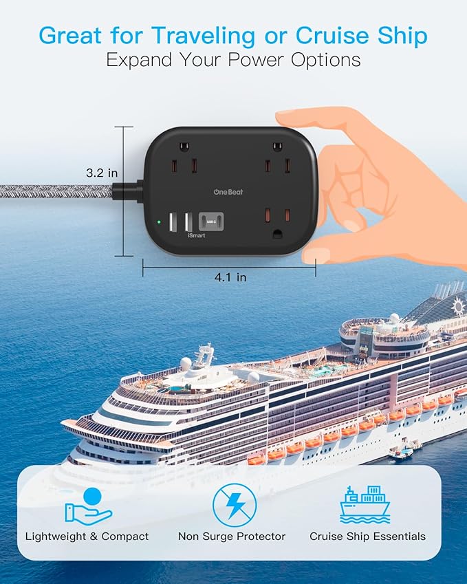One Beat Cruise Ship Essentials,Travel Power Strip with USB C,Flat Plug Extension Cord with 3 Outlets 4 USB Ports(2 USB C),5 ft Desk Wall Outlet Extender,Non Surge Protector for Cruise,Dorm, Black