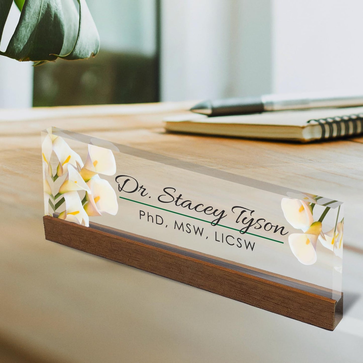 Artblox Personalized Office Desk Name Plate and Business Card Holder | Clear Acrylic Glass with Teak Wood Stand | Calla Flowers Design Customized with Your Name and Credentials Office Desk Decor