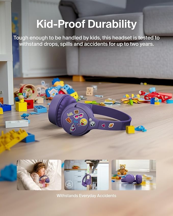 Belkin SoundForm Mini - Wireless Bluetooth Kids Headphones, 30H Battery, 85dB Safe Volume Limit, Built-in Microphone - Toddler On-Ear Earphones for iPhone, iPad - Ideal for School - Purple w/Case