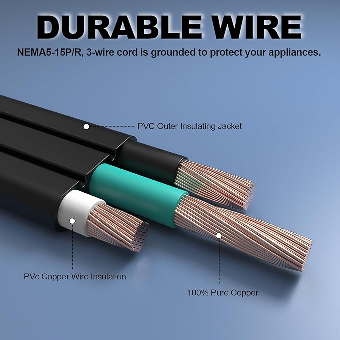 EP 1 Ft 3 Outlet Extension Cord with Flat Plug, 3 Prong Grounded, 16/3 SPT-3 Power Cable for Indoor Use, Black, 2 Pack