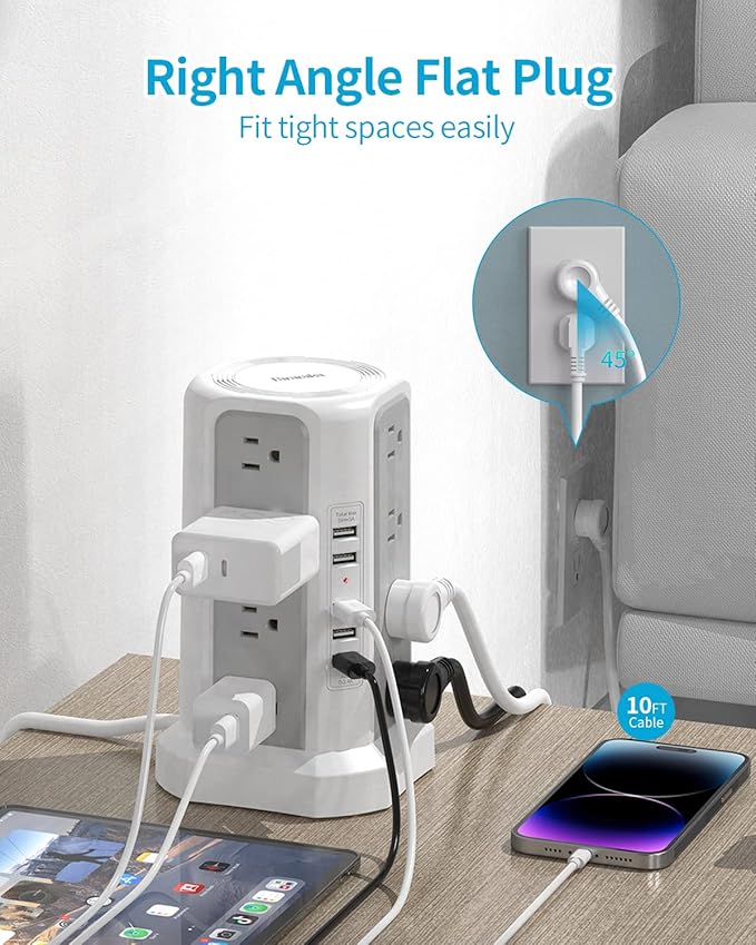 Surge Protector Power Strip Tower with USB Ports, Fararaka 10 FT Extension Cord with 16 Multiple Outlets and 5 USB Ports, Flat Plug Charging Station for Home, Office, Dorm Room
