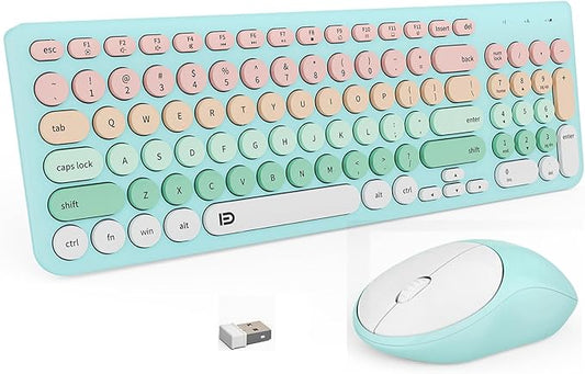 FD Wireless Keyboards and Mouse Combo - 2.4GHz USB Cordless, Cute Wireless Keyboard Round Keys, Quiet and Slim Set for Laptop, Computer, TV and Mac - Blue Pale Green Colorful