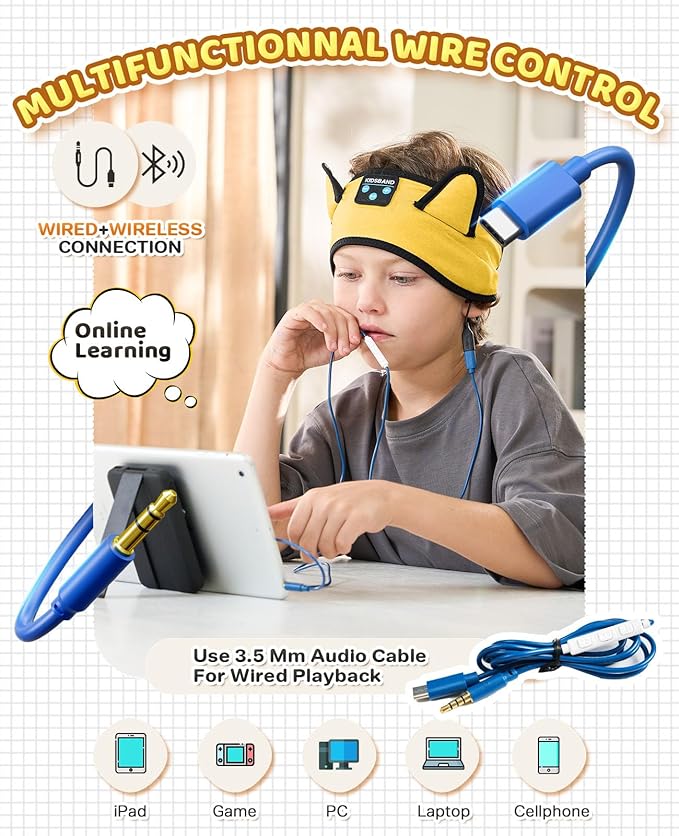 KIDSBAND Kids Headphones, Baby Headphones for Plane, Bluetooth Headphones Headband for Kids with Wired Playback 3.5 MM Jack for School Girls Boys Children,Kindle Tablet Cellphones Airplane Travel