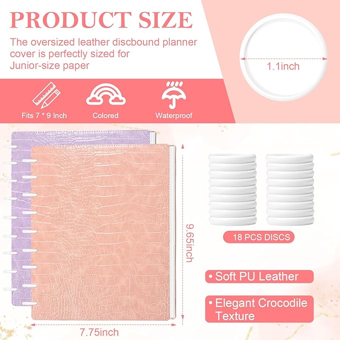 2 Pack Pu Leather 7X9.25 In Discbound Notebook Cover And Disc Set Discbound Planner Cover With 18 Pcs Expansion Discs 9-Disc Disc Bound Notebook Accessories(Pink+Purple;No Inner Paper)