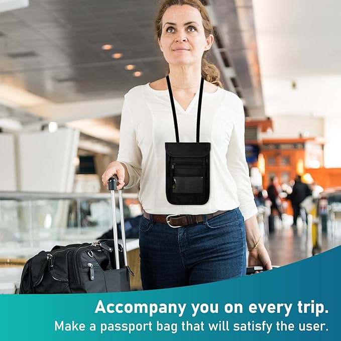 sundee Travel Neck Wallet with Double Zippers, RFID Blocking Passport Holder with Adjustable Neck Strap for Men and Women to Keep Cash, Credit Cards and Travel Documents Safe - Black