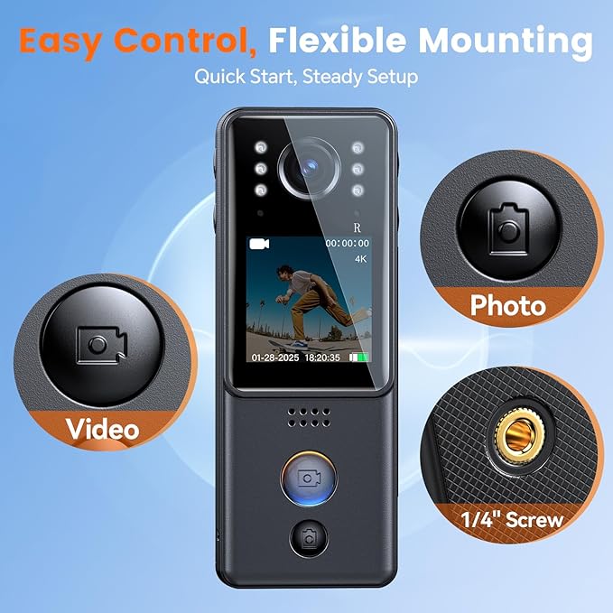 4K Body Camera with Audio, Z13 Compact Police Body Cam with 2 Batteries & Dock, 6 IR Night Vision, Bike Mount, Clip & Lanyard for Commuting, and Daily Recording(128G-4K with 2pcs Batteries)