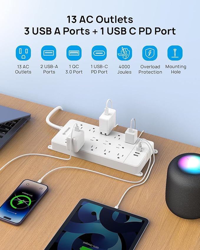 TROND Surge Protector Power Strip with USB C, Flat Plug Extension Cord 5 ft, 13 Wide Spaced Outlets, 4000 Joules, 32W Quick Charge 3.0 &, Wall Mount, Under Desk, Heavy Duty ETL Listed, White