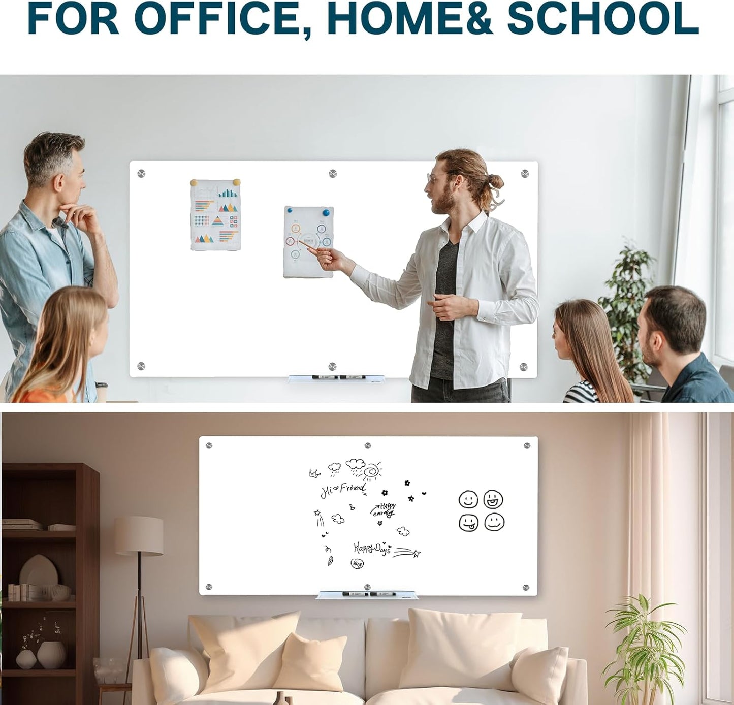 J&J worldwide Magnetic Glass Whiteboard Brilliance White Dry Erase Board 6' x 3', Large Frameless Glass White Boards for Walls, Includes Magnets, Marker Tray, Eraser for Office, Home, School