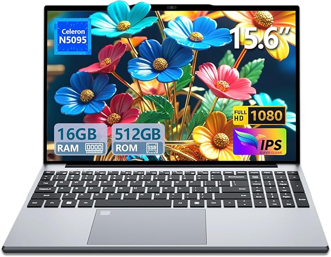 2025 Laptop, 15.6 inch Laptop Computer with 16GB DDR4 512GB SSD, N5095 Quad-Core up to 2.9GHz, Portable Laptop with Backlit Keyboard, Fingerprint, FHD 1920 * 1200, WiFi5, BT4.2, Win 11 Pro