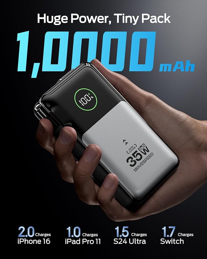 MOVE SPEED 3 in 1 Portable Charger with Built-in Retractable 27.6in Cable and Foldable Wall Plug, 35w 10,000mAh GaN Fast Charging Power Bank, Travel Essential Battery Pack for iPhone 17/16/15,Galaxy