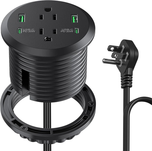 3 inch Desktop Power Grommet with PD 20W USB C,Furniture Recessed Power Strip,2 Outlets,4 USB Ports,40W Total,Flush-Mount for Desktop, Workspace Essential Desk Outlet (Black, 6 FT Cable)