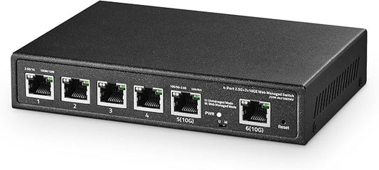 6 Port 10G Switch, 4 x 2.5G RJ-45 Base-T Ports, 2 x 10G RJ-45 Ports, Web Managed/Unmanaged, Metal Fanless Managed Multi-Gigabit Desktop/Wallmount Binardat Network Switch