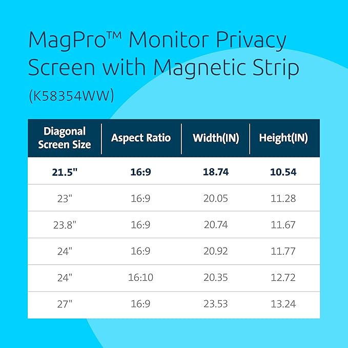 Kensington MagPro 21.5 Inch Magnetic Computer Privacy Screen for Desktop, Removable 16:9 Computer Privacy Filter, Anti-Glare Blue Ray Reduction, Compatible with Slim Bezel Monitors, K55420WW