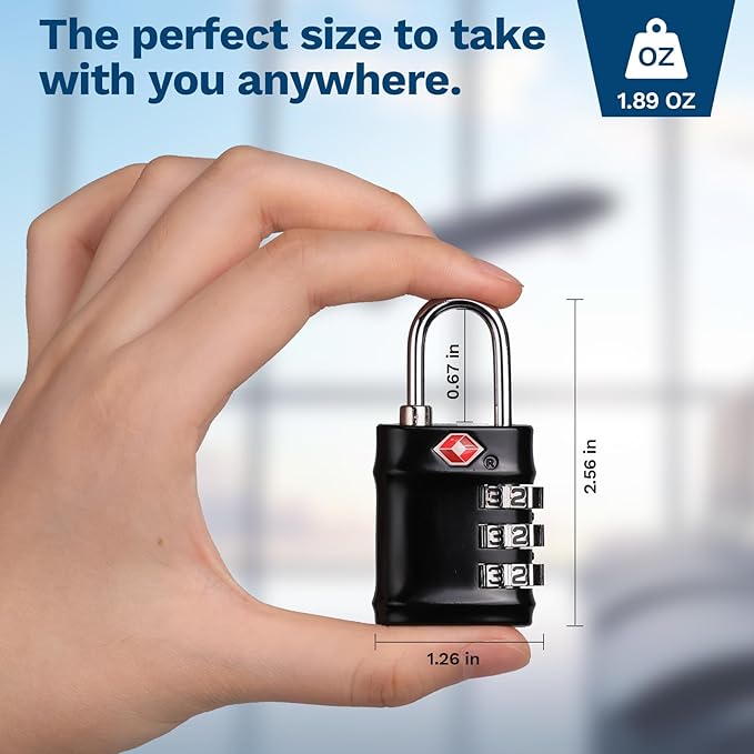 TSA Approved Combination Lock - Compact & Durable Luggage Locks, 3-Digit Resettable Password for Travel, Gym Lockers, Cabinets, Black