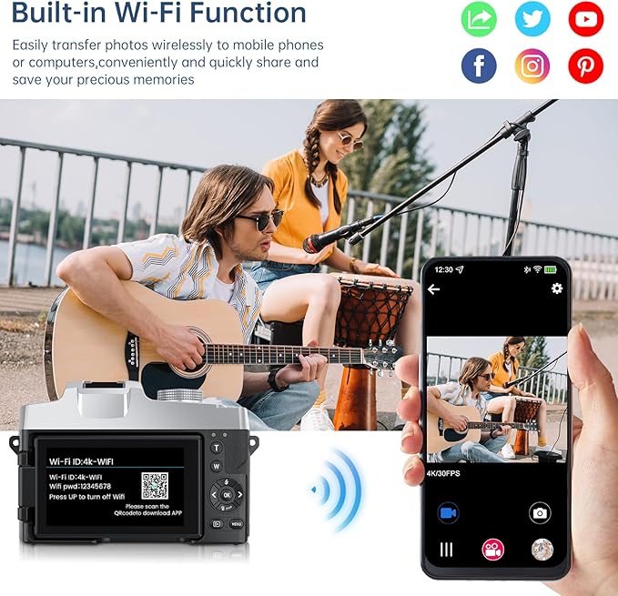 Camera for Photography, 10X Optical Zoom 4K Digital Camera, 75MP Vlogging Cameras for YouTube, WiFi Autofocus 3" 180° Flip Screen with 32GB Card, Tripod, 2 Batteries & Battery Charger, Black