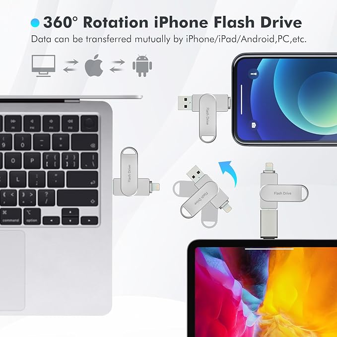 Apple MFi Certified Flash Drive 512GB, Photo Stick for iPhone Memory Stick for Photo/Video Backup Stick, High-Speed USB Thumb Drive for iPhone Storage Compatible for iPhone/iPad/Android/PC (Silver)