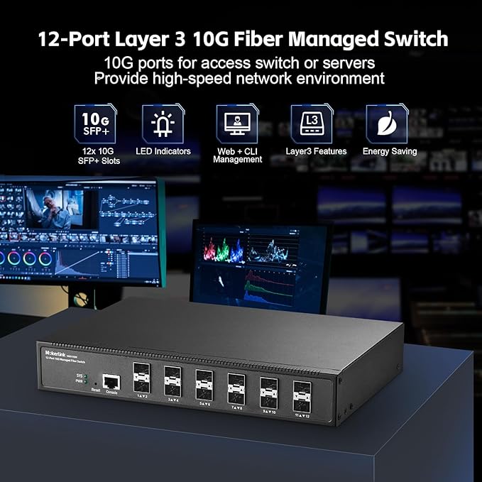 MokerLink 12 Port 10G SFP+ Managed Fiber Switch, 1G/10G SFP Slot, L3 Web/CLI Managed, 240Gbps Bandwidth Desktop|Rackmount Network Switch