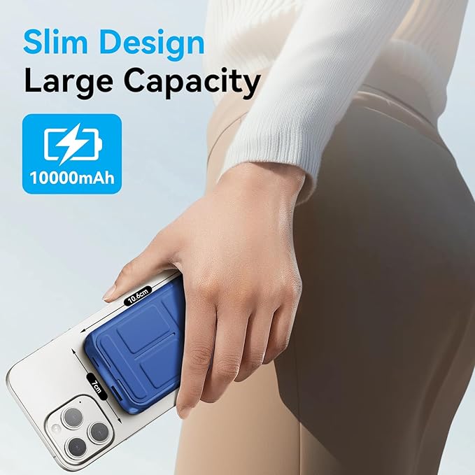 Magnetic Power Bank, 10000mAh Wireless Portable Charger with 20W USB-C Fast Charging, Foldable Stand & LED Display Battery Pack, Compatible with iPhone 16/15/14/13/12, Blue