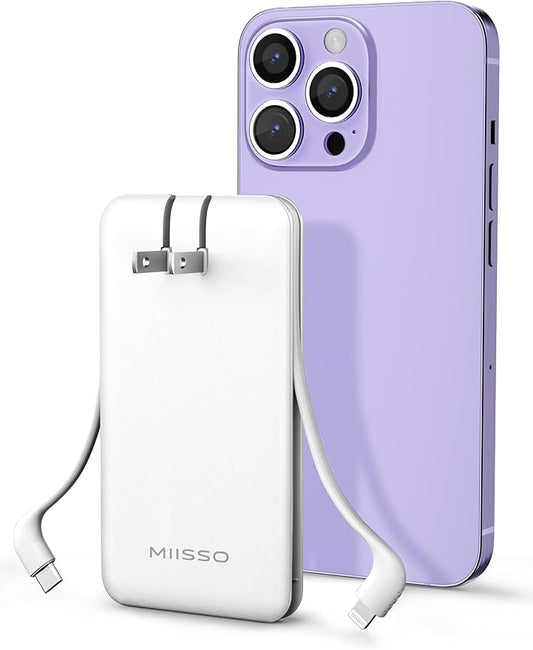 miisso Ultra Slim 10000mAh Power Bank Built-in Cables and Foldable AC Wall Plug, Pocket Size USB C Portable Charger, External Battery Pack Compatible with iPhone Samsung iPad etc, White