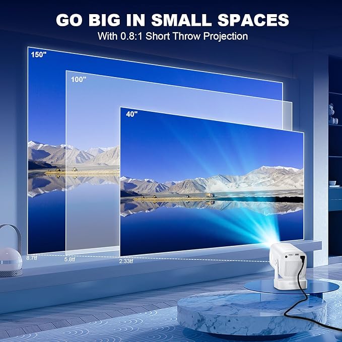【Short Throw & Speaker】Mini Smart Projector, 1080P Native with 4K Support, WiFi 6 and Bluetooth 5.4, Auto Focus/ Keystone Correction, Built in Apps, Voice Control, Portable Outdoor Movie Projectors