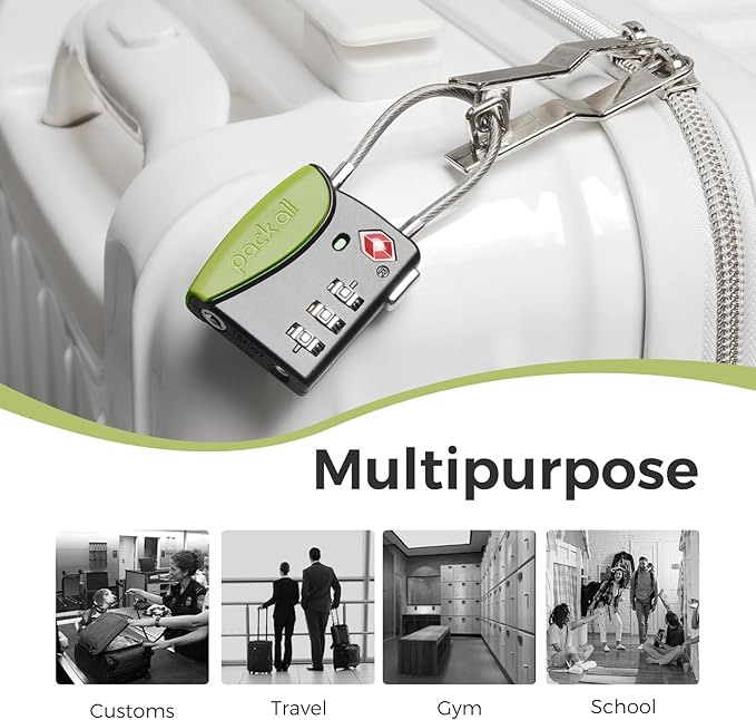 pack all TSA Approved Cable Luggage Locks, 3 Digit Combination Padlocks, Travel Lock for Suitcases & Bag, Alloy Body, Travel Accessories (1 Pack)（Apple Green）