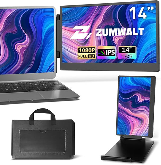 ZUMWALT Portable Laptop Screen Monitors Extender - 14" 1080P FHD Portable Monitors with Adjustable Stand for 13''-16.1'' Laptop, Plug and Play, Compatible with Wins/MacOS/Chrome/Android/PS5/Switch
